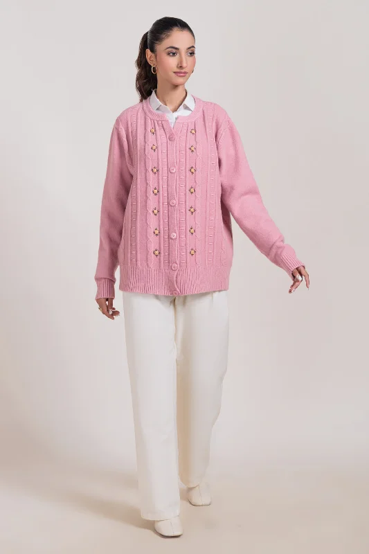 PINK-ROUND NECK FULL SLEEVES CARDIGAN SWEATER (24X-045-66)