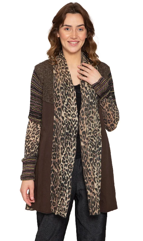 Women's Open Front Leopard Printed Mixed Media Cardigan