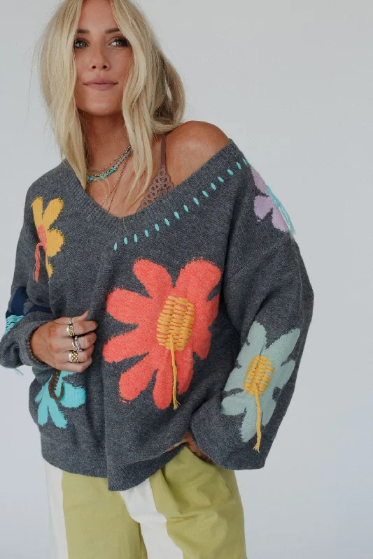 Good Mood Flower Print Sweater - Charcoal