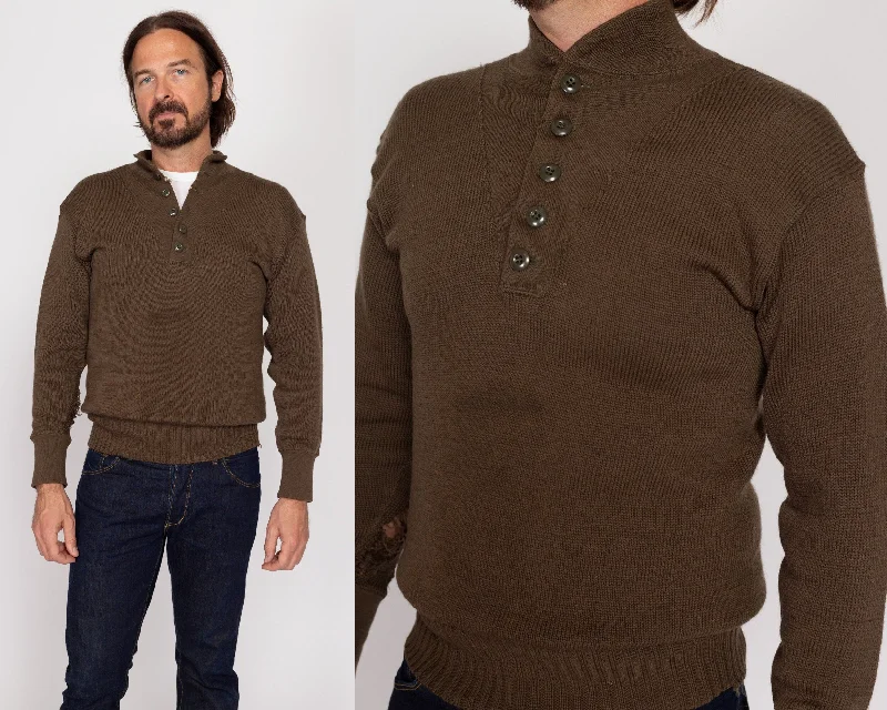 Large 70s Olive Wool Distressed Military Henley Sweater