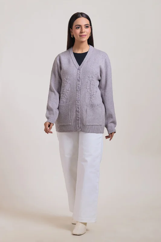 GREY-V-NECK FULL SLEEVES CARDIGAN SWEATER (24X-043-66)