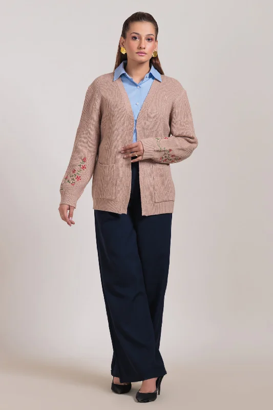 BEIGE-V-NECK FULL SLEEVES CARDIGAN SWEATER (24X-047-66)