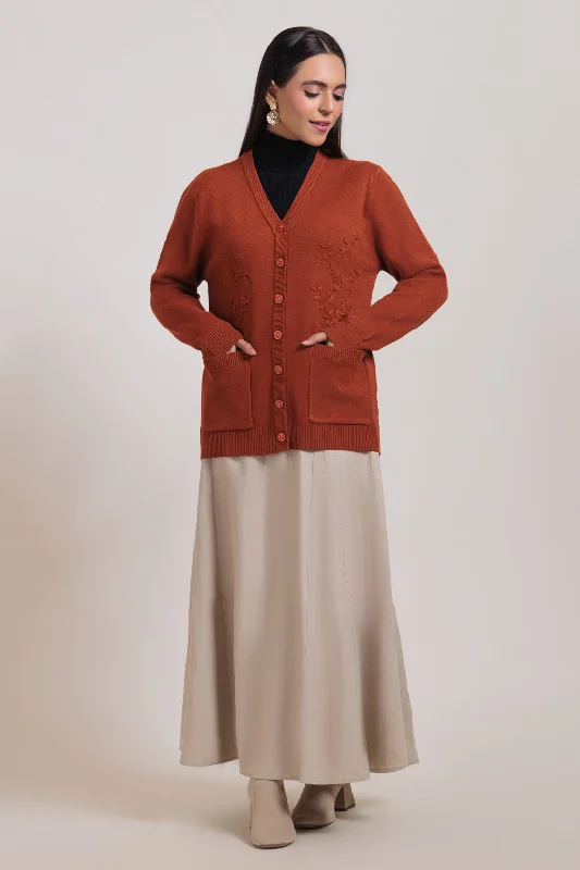 RED-WOOD-V-NECK FULL SLEEVES CARDIGAN SWEATER (24X-043-66)