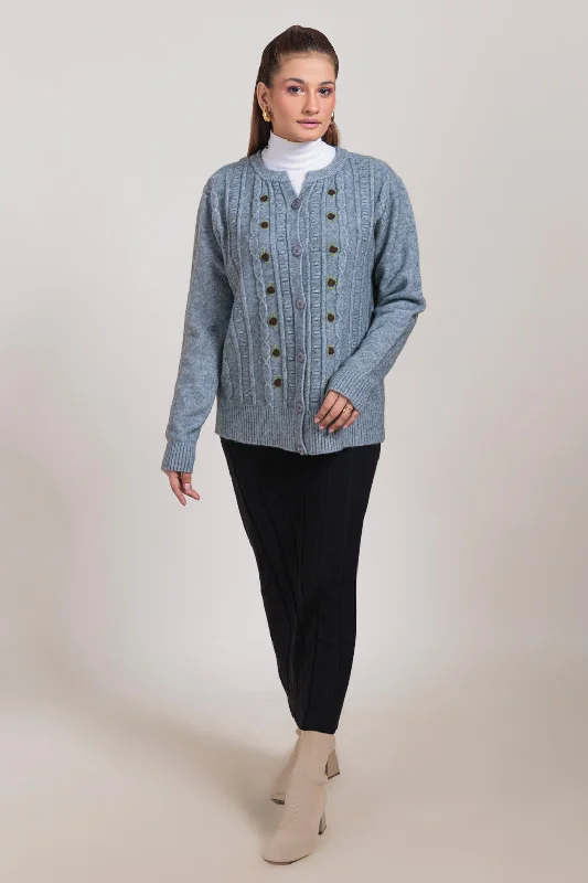 GREY-ROUND NECK FULL SLEEVES CARDIGAN SWEATER (24X-045-66)