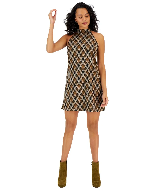 Bar III Womens Plaid A Line Halter Dress