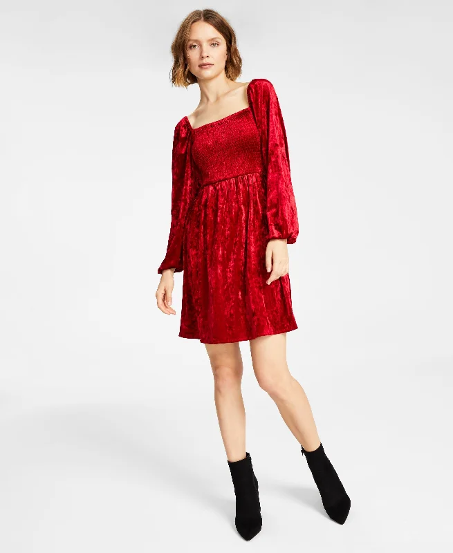 Bar III Womens Velvet Smocked Long-Sleeve Dress