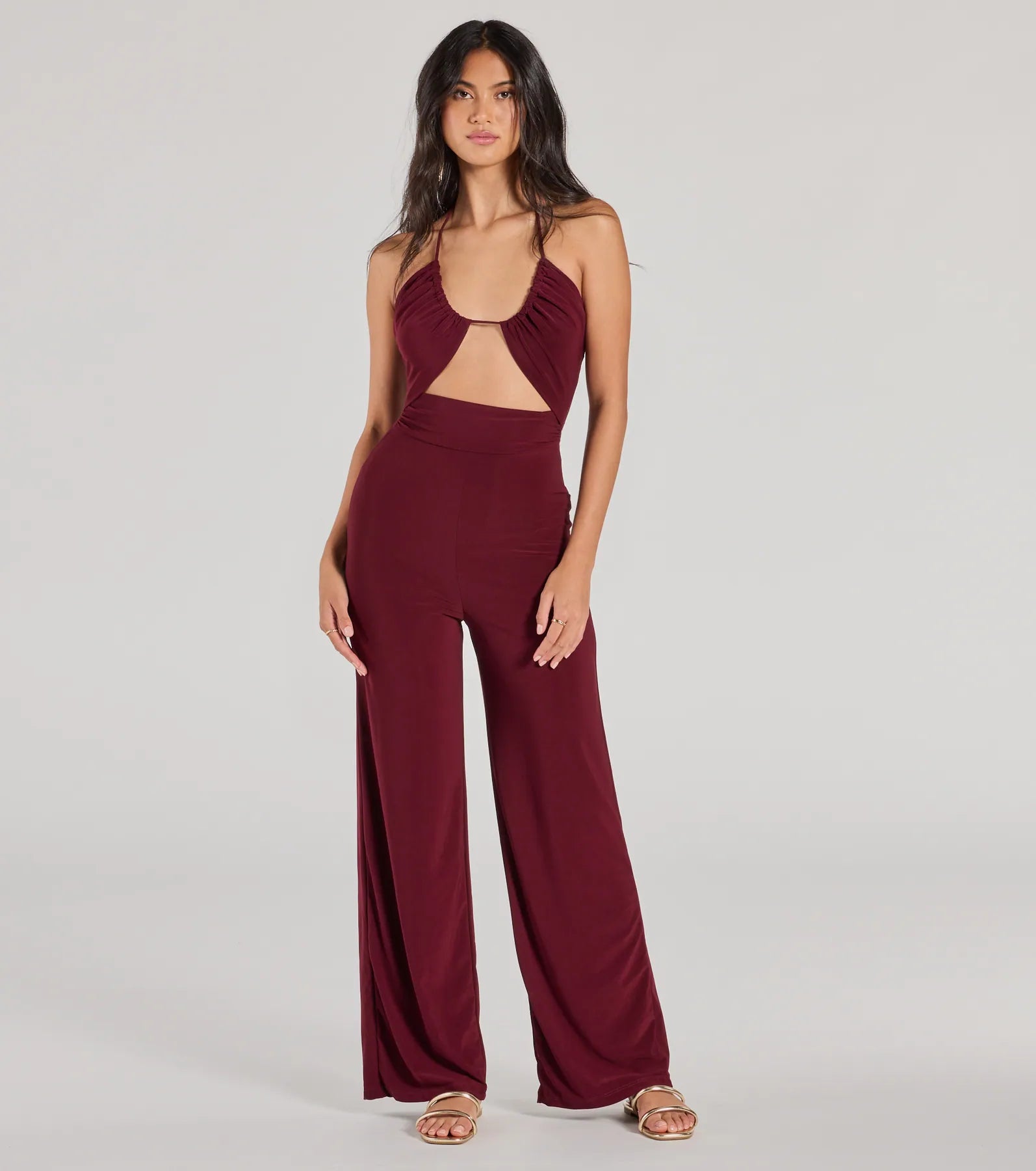 Enticing Sass Halter Cutout Wide-Leg Jumpsuit