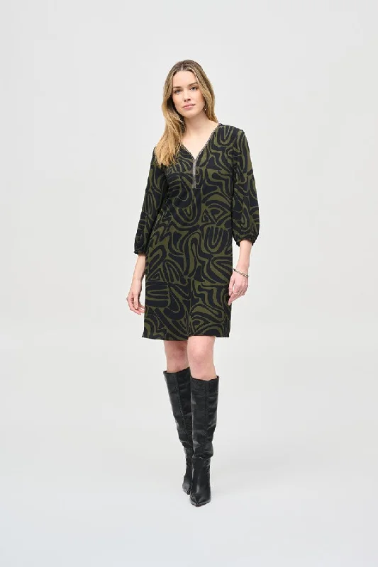 Joseph Ribkoff Black Green Woven Abstract Print A-Line Dress