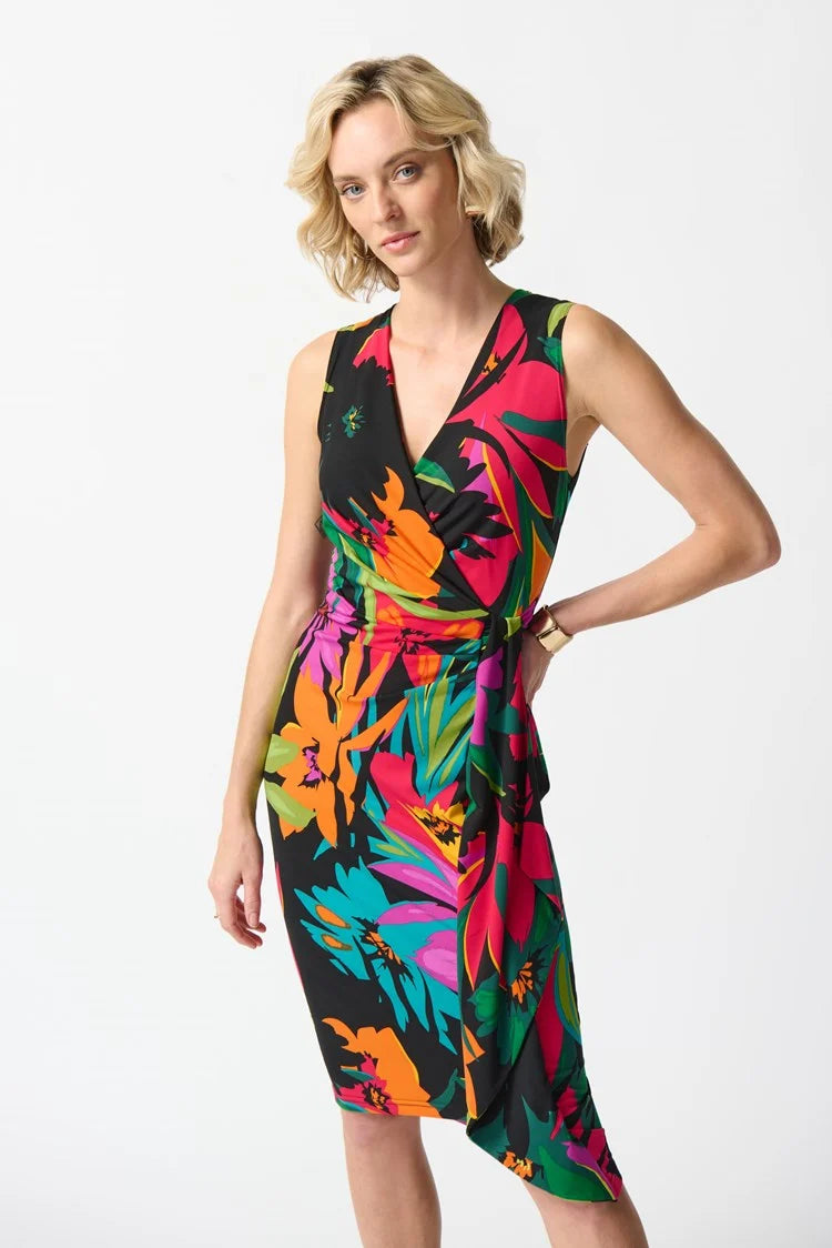 Joseph Ribkoff Multi Colored Silky Knit Tropical Print Wrap Dress