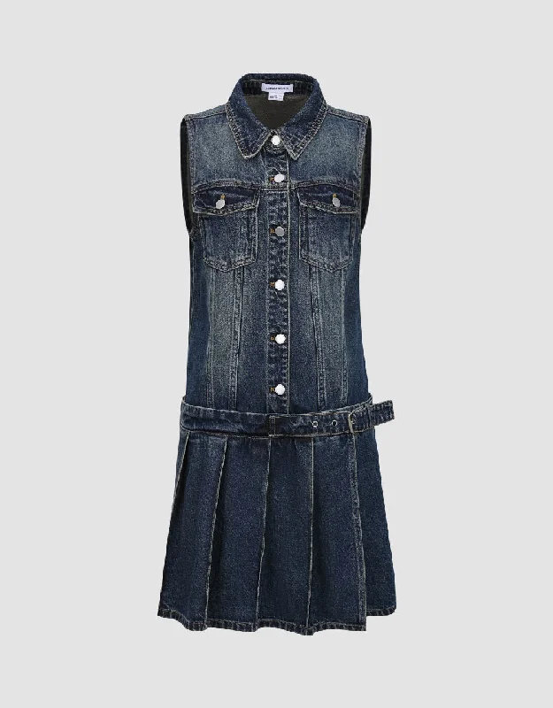 Sleeveless Lapel Denim Straight Dress