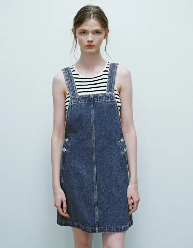 Square-cut Collar Denim Pinafore Dress