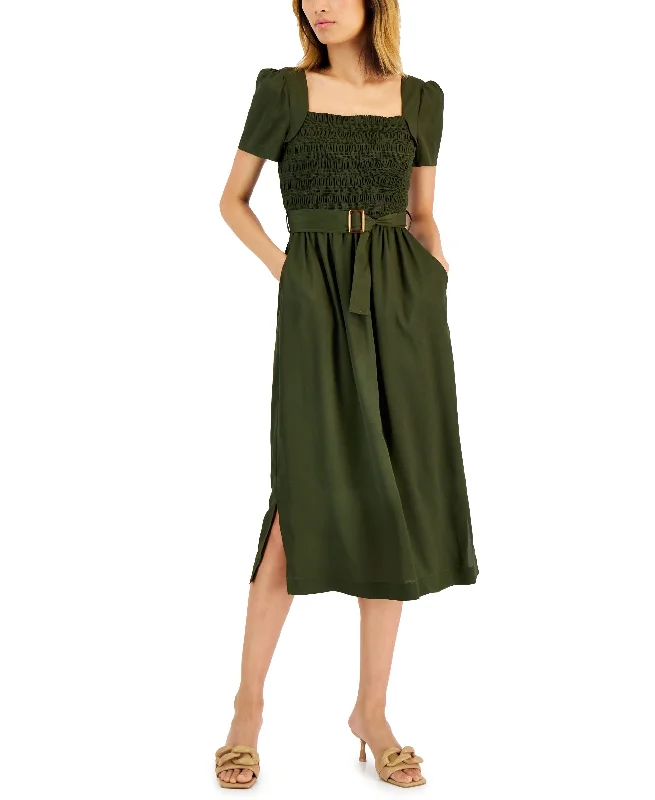 Tahari Asl Womens Smocked Top Belted Midi Dress