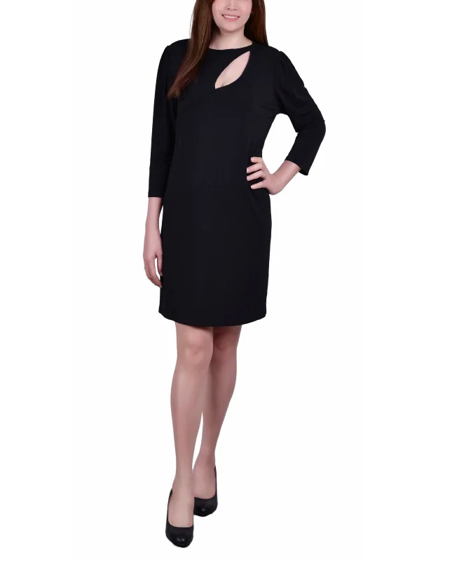 Womens 3/4 Sleeve Crepe Knit Sheath With Cutout Dress