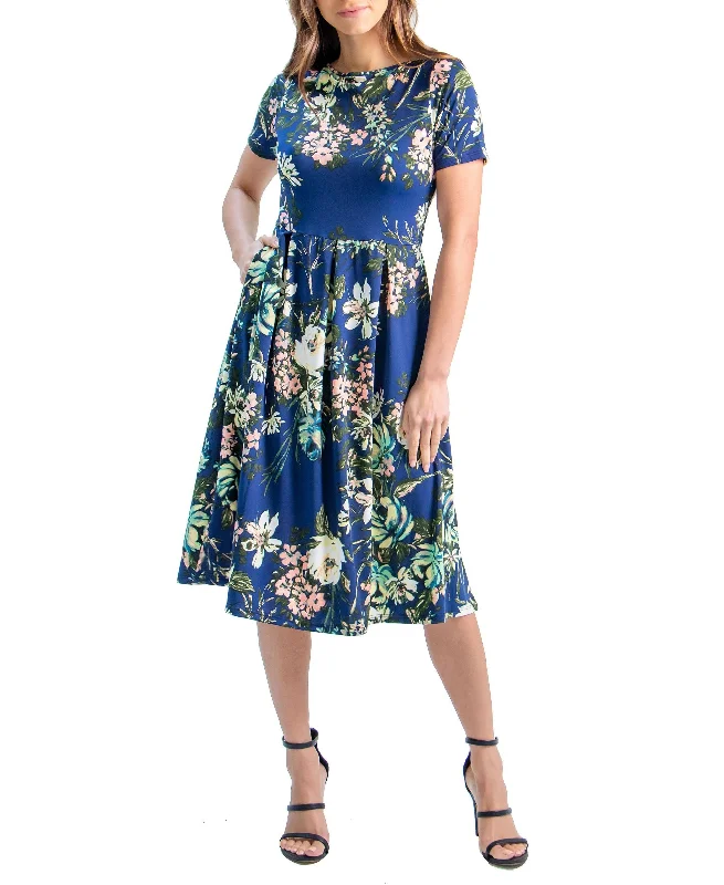 Womens Short Sleeve Floral Pocket Midi Dress