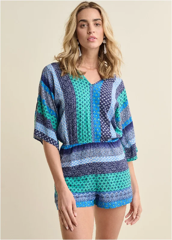 Mixed Print Romper - Green Multi