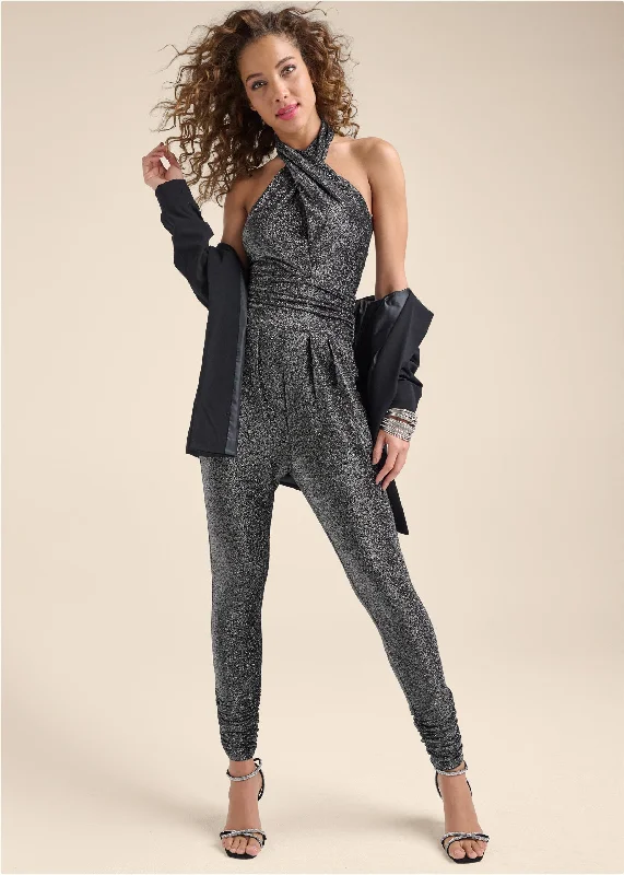 Cross-Neck Sparkle Jumpsuit - Silver