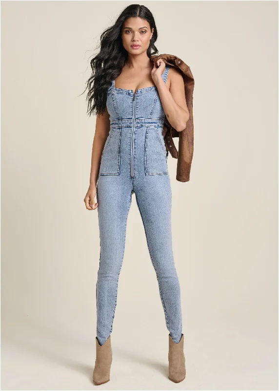 Zip-Front Denim Jumpsuit - Acid Wash