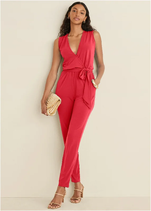 Wrap Tie Jumpsuit - Red