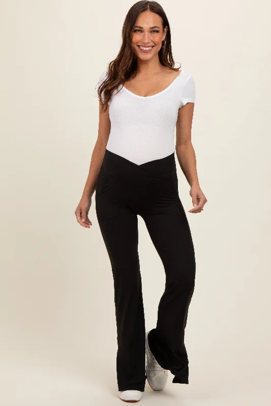 Black Crossover Waist Maternity Flared Leggings