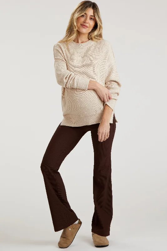 Brown Ribbed Maternity Flared Leggings