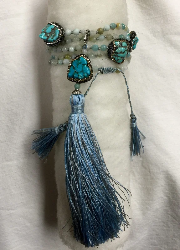 Blue Agate and Multi Piece Turquoise Long Tassel Necklace