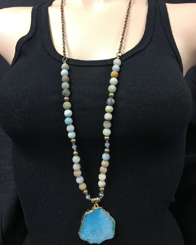 Blue Druzy Necklace, Amazonite stones on brass chain