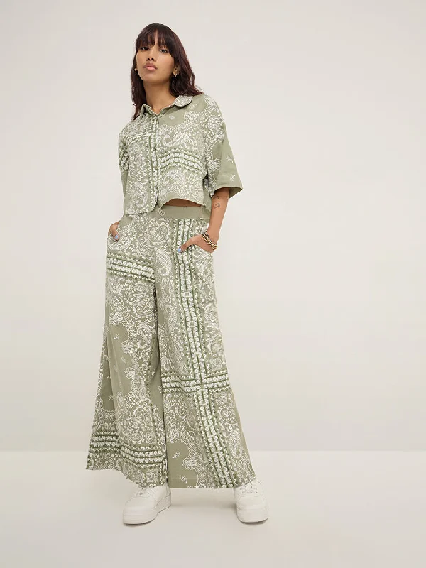 Bombay Paisley Sage Paisley Printed High-Rise Wide Leg Cotton Blend Pants