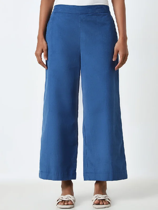 Utsa Blue Solid High-Rise Cotton Ethnic Pants