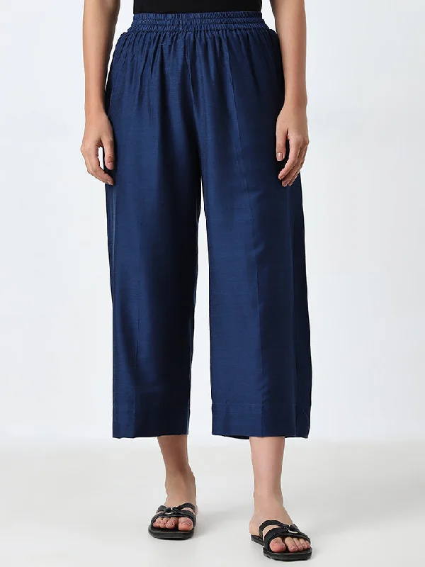 Utsa Navy Solid High-Rise Ethnic Pants