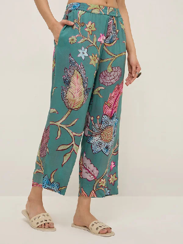 Utsa Teal Botanical Printed Ethnic Pants