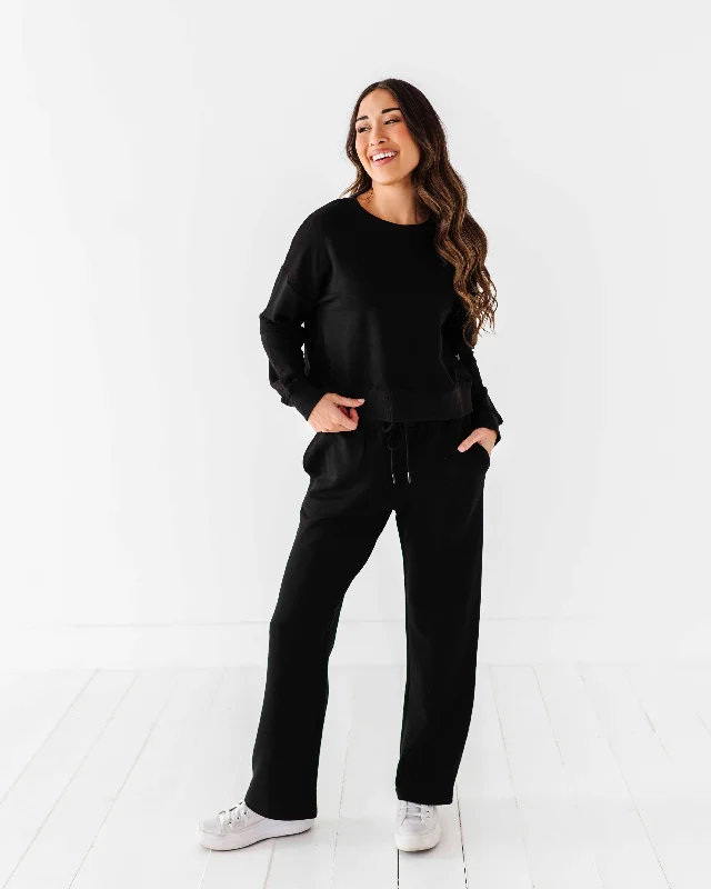 Women's Cropped Sweatshirt & Wide Leg Jogger Pants Set - Black