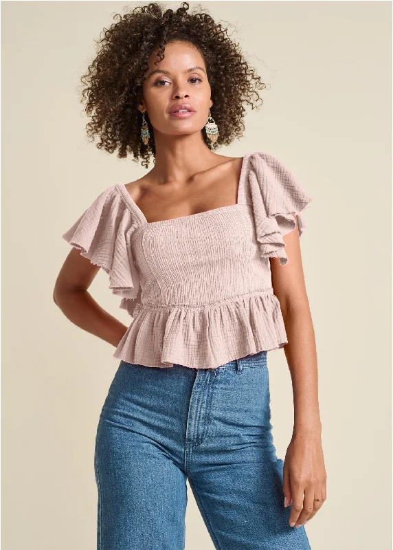 Raw Edge Peplum Crop Top - Peach