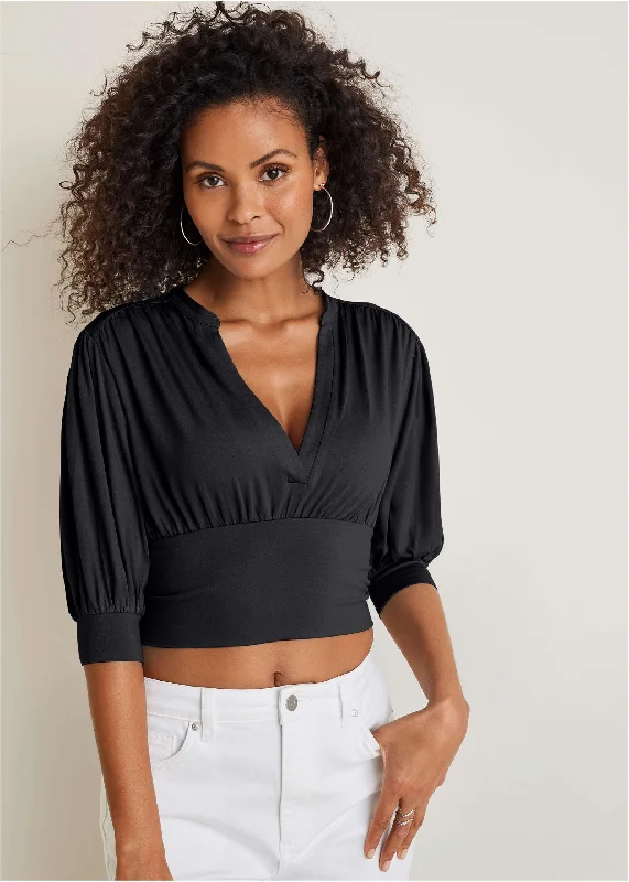 V-Neck Puff Sleeve Top - Black